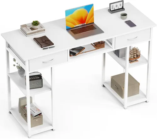 Vista 9 de Escritorio para computadora de 47 pulgadas con 2 cajones, escritorio de oficina en casa con estantes de madera, mesa de PC de escritura de estudio