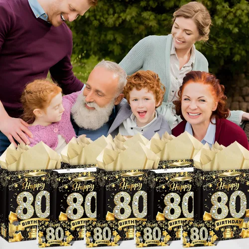 Vista 7 de Black Gold - Bolsa de regalo de cumpleaños número 80, bolsas doradas y negras con papel de seda y tarjeta, bolsas de regalo para hombres, mujeres