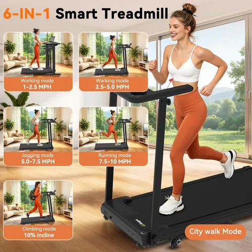 Vista 3 de Almohadilla plegable para caminar con 10% de inclinación/altavoz Bluetooth, cintas de correr de 2.5 HP para el hogar, caminadora portátil con barra