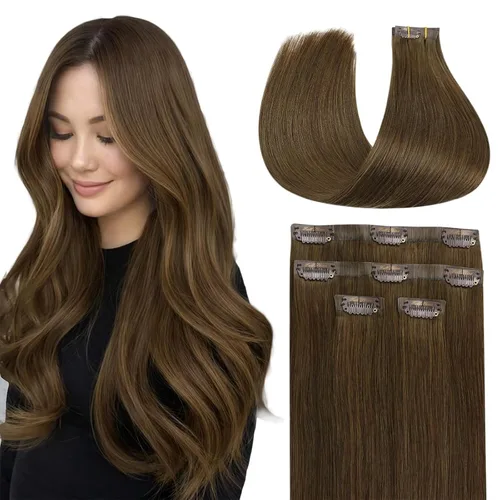 Vista 33 de Full Shine Extensiones de Cabello Rubio con Clip Reflejos Cabello Humano Extensiones con Clip Rubio Ceniza Mezcla Rubio Decolorado PU Extensiones