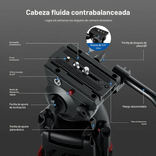 Vista 5 de NEEWER Trípode de Video Básico de 74" con Cabezal Fluido, Trípode de Cámara de Metal con Amortiguación de Fricción Suave, Separador de Nivel Medio