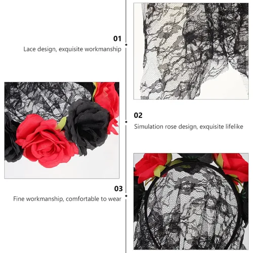 Vista 6 de Diadema de rosas de Halloween flor diadema floral día del velo negro mexicano Halloween Rose Halloween novia velo diadema gótica ropa Festival