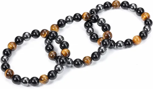 Vista 4 de Jovivi Pulseras de hematita negra de obsidiana con ojo de tigre para hombres y mujeres, 0.394 pulgadas (0.394 in), cuentas redondas naturales