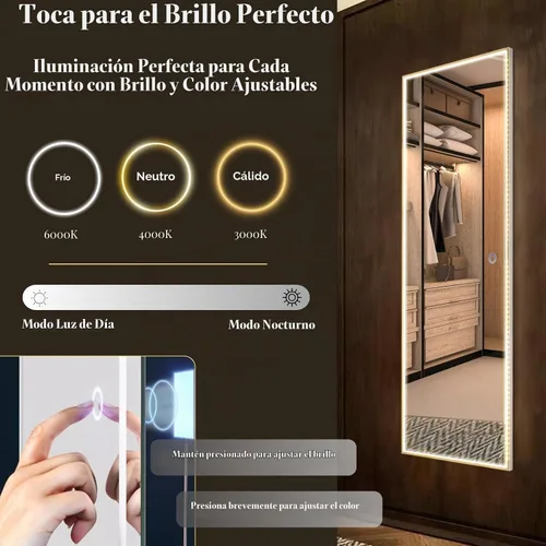 Vista 2 de LUXFURNI Full Length Mirror with LED Lights, Lighted Door Hanging Mirror Full Body, Wall Mounted Light Up Full Length Mirror for Bedroom Living