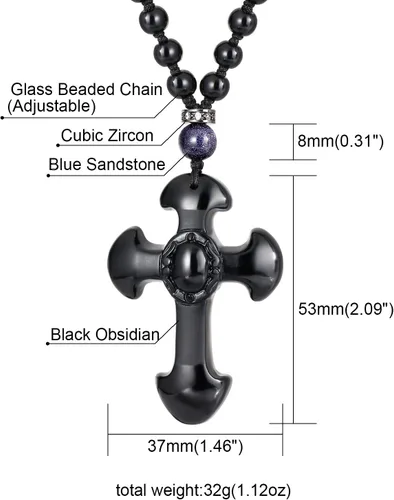 Vista 4 de Jewever Collar con colgante de cruz de obsidiana negra para hombres y mujeres, collar curativo de cristal real, cadena de cruz, cruz de cristal