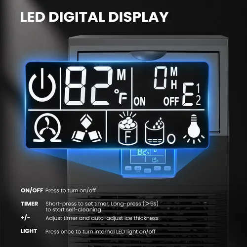 Vista 3 de Kismile Máquina comercial para hacer hielo, 66 libras/24 horas, temporizador de 24 horas, panel LCD, autolimpieza, acero inoxidable