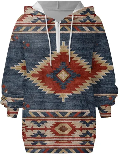 Vista 4 de Sudaderas con capucha estilo étnico azteca occidental para mujer, estilo casual, folk, manga larga, con bolsillo