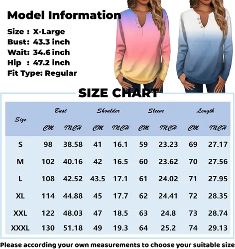 Vista 5 de Womens Shirts Long Sleeve Printed Clothes Notch Collar Botton Pullover Tunic Sports Sweatshirts Stylish Soft Shirts