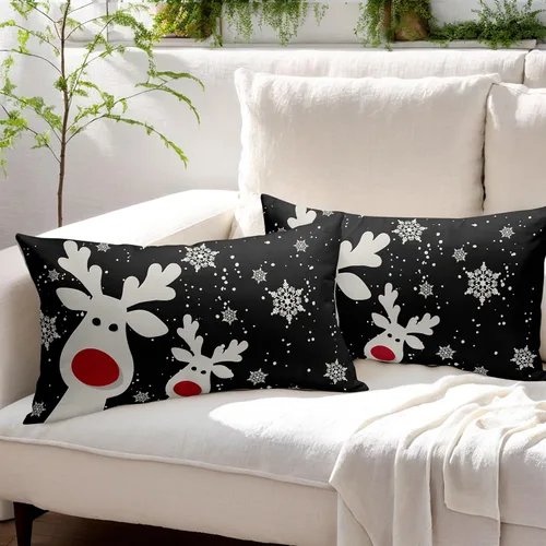 Vista 6 de Juego de 2 fundas de almohada lumbar de Navidad negras de 12 x 20 pulgadas, diseño rústico de copos de nieve de ciervos de Navidad, almohadas