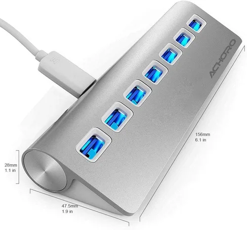 Vista 2 de Achoro Hub USB 3.0 de 7 puertos, expansor de puerto USB de aleación de aluminio triangular, divisor USB de alta velocidad para computadora, PC