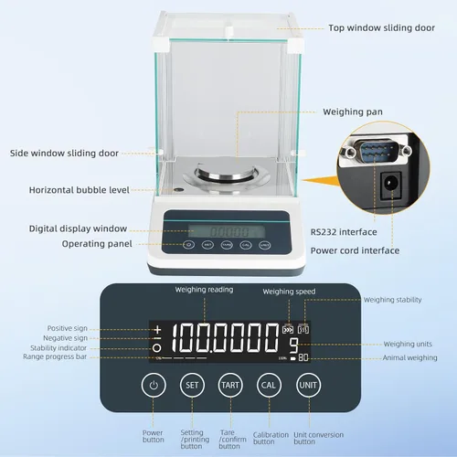 Vista 2 de Báscula de laboratorio de precisión de 0.00 oz, balanza analítica, balanza electrónica de laboratorio con pesos digitales e interfaz RS232