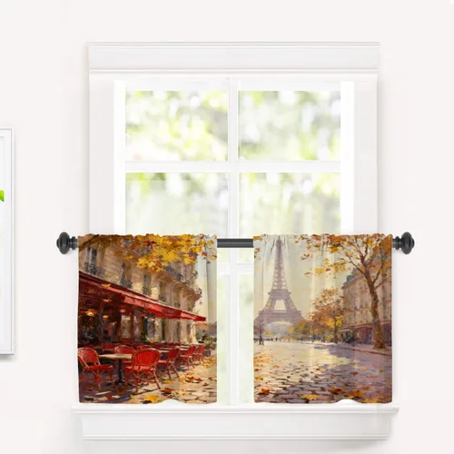 Vista 17 de Cortinas opacas de cocina con pintura al óleo de Europa rosa y negra para ventanas, cenefas opacas modernas de torre Eiffel de poliéster multicapa