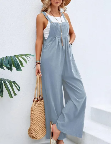 Vista 2 de Zontroldy Overol con pechera para mujer, de algodón, holgado, de verano, pierna ancha, overol para mujer