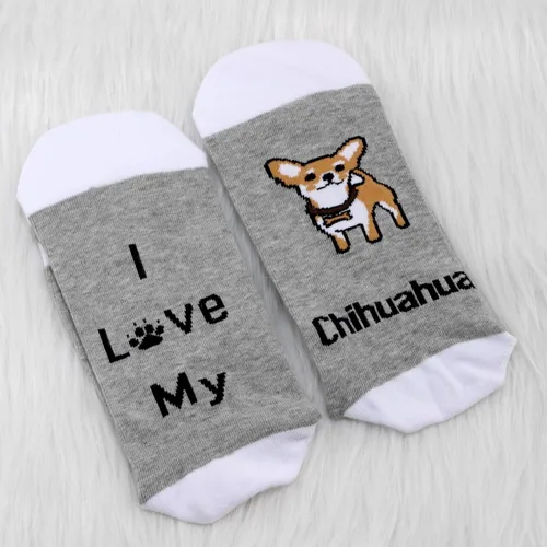Vista 5 de MBMSO Regalos divertidos de Chihuahua, 2 pares de calcetines con texto en inglés "I Love My Chihuahua", regalo para amantes de Chihuahua