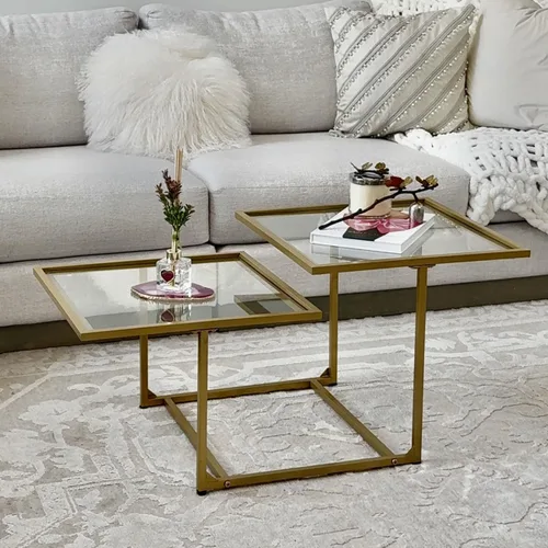 Vista 9 de HOMCOM Mesa auxiliar, mesa de centro de cristal templado con 2 mesas cuadradas, mesas de centro modernas para sala de estar, dormitorio, color dorado