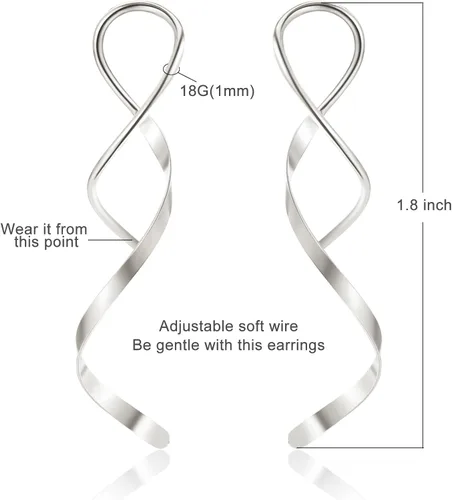 Vista 3 de Aretes de enhebrador en espiral, aretes de acero inoxidable hechos a mano de 0.63 oz para mujer, aretes curvados lineales trenzados, aretes