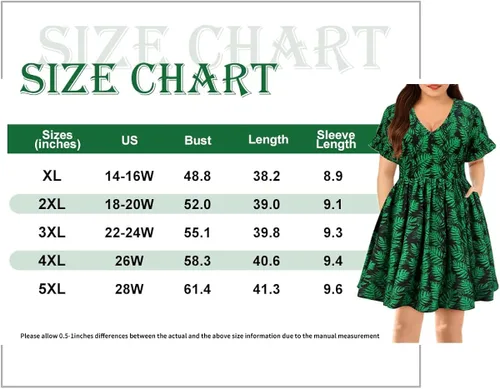 Vista 6 de CARCOS Vestido de talla grande para mujer, vestidos de manga corta, cuello en V, lazo en la cintura, vestido de verano, leopardo, floral, camuflaje