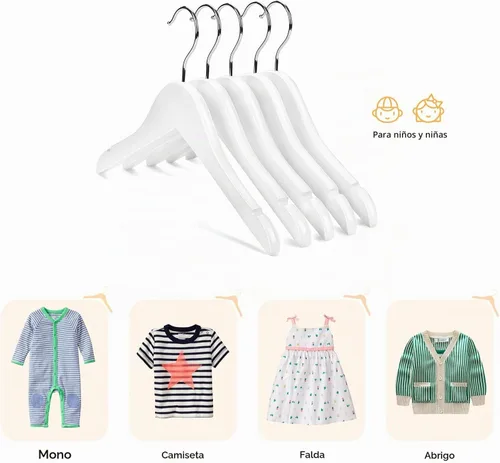 Vista 3 de Nature Smile Perchas de madera con muescas y gancho cromado antioxidante, paquete de 10 unidades (blanco)