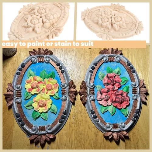 Vista 5 de Apliques de madera, adornos decorativos de madera, adornos tallados en rosas para muebles, calcomanías ovaladas de talla central para puerta 1