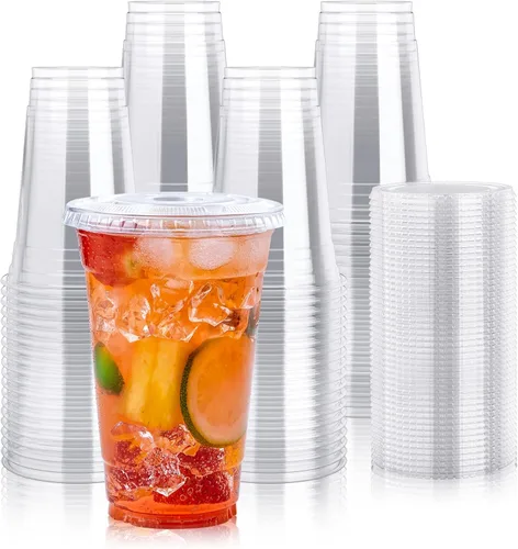 Vista 11 de Lilymicky 200 juegos de vasos de plástico transparente de 10 onzas con tapas planas, vasos desechables de 10 onzas para batidos, Slurpee o cualquier