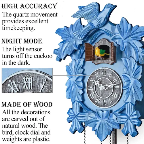 Vista 2 de TIMEGEAR Reloj de cuco con modo nocturno, decoraciones talladas a mano y péndulo oscilante (azul)