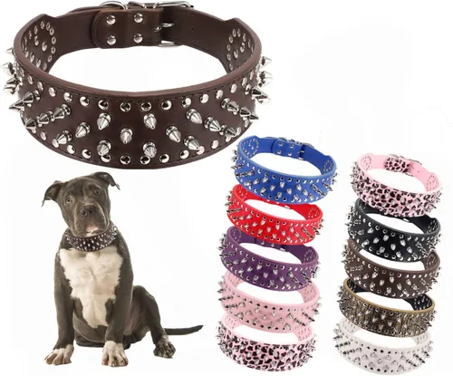 Vista 8 de PU - Collar para perro de piel sintética ajustable de 2.0 in, tachonado con clavos, Negro Collar de protección ajustable para el cuello