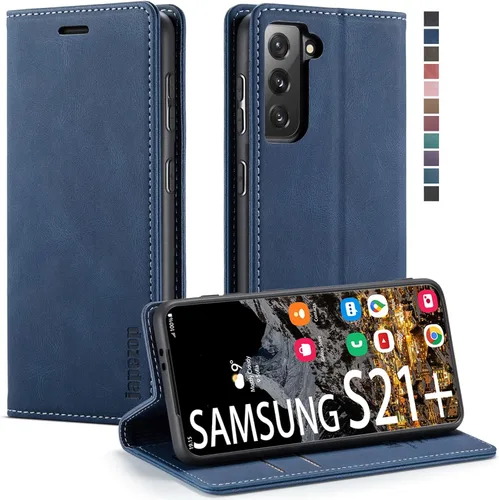 Vista 19 de Funda tipo cartera para Samsung Galaxy S21+ Plus 5G con bloqueo RFID, tarjetero y función atril magnético, funda de piel con tapa para Samsung Negro