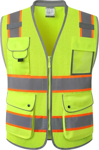Vista 16 de JKSafety Chaleco de seguridad frontal con cremallera de alta visibilidad Clase 2 de 9 bolsillos con tiras reflectantes, cumple con las normas