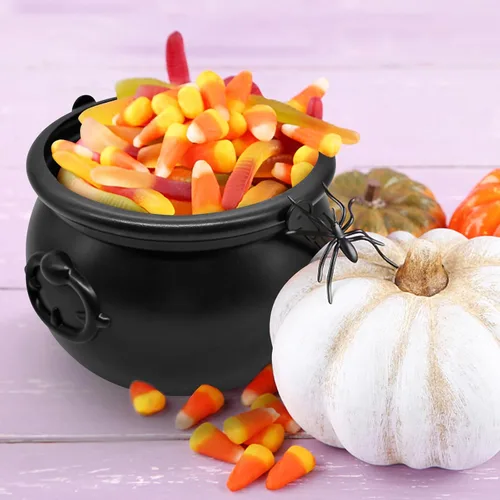 Vista 4 de SpinLaLa Caldero de plástico negro de 8 pulgadas, cuenco para dulces de Halloween, cubo grande de caldero de bruja para decoraciones de Halloween
