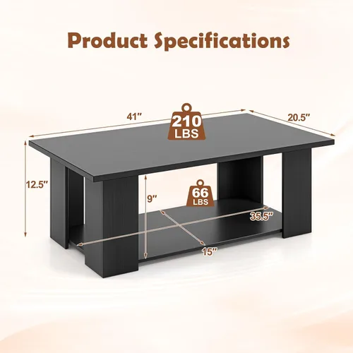 Vista 2 de Giantex Mesa central rectangular de madera, mesa de té moderna grande de 41 pulgadas y 2 niveles con compartimento abierto, fácil montaje, mesa