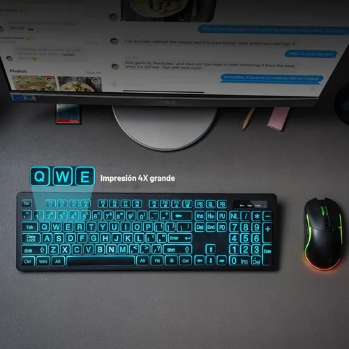 Vista 2 de Combo de teclado y mouse inalámbricos de impresión grande retroiluminada, teclados de tamaño completo de 2.4 G con teclas grandes iluminadas, teclas