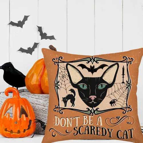 Vista 3 de Fundas de almohada de Halloween de 20 x 20 pulgadas, color naranja y negro, para Halloween, gatos aterradores, telaraña, murciélagos, decoración