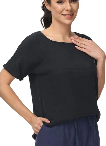 Vista 4 de Soojun - Blusa de algodón y lino para mujer, cuello redondo, diseño entramado