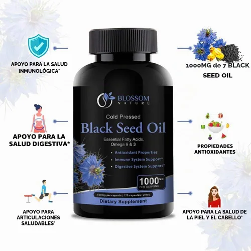 Vista 3 de Cápsulas de aceite de semilla negra de 1000 mg – Cápsulas de aceite de semilla de comino negro de primera calidad – Pastillas líquidas de aceite