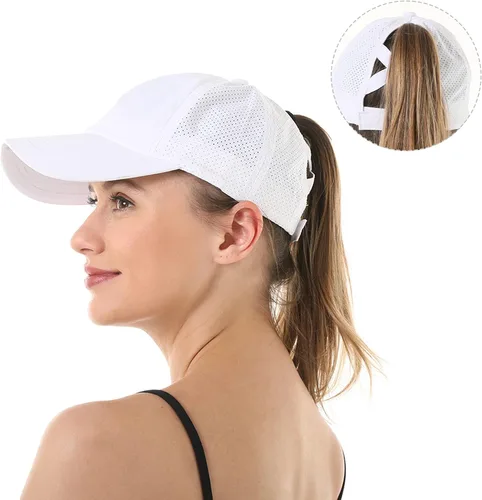 Vista 7 de Koreshion Gorra de béisbol para mujer, con diseño de cola de caballo cruzada, ajustable, de secado rápido, con moño, de malla