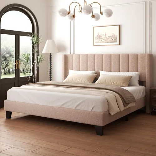 Vista 9 de Base de cama tamaño matrimonial con cabecero, marco de cama plataforma tapizado con cabecero de terciopelo tipo osito de peluche, soporte