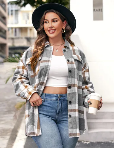 Vista 4 de IN'VOLAND Chaqueta de franela a cuadros de manga larga con botones para mujer, tallas grandes, blusas casuales de otoño