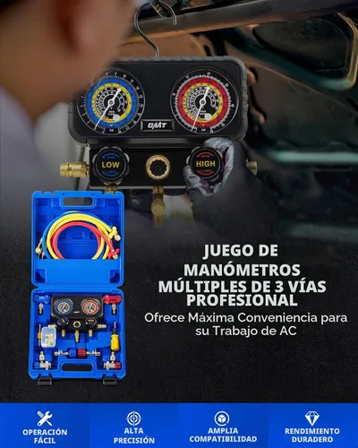 Vista 2 de OMT 3-Way AC Manifold Gauge Set para R1234yf R134a R404a con mangueras de 5