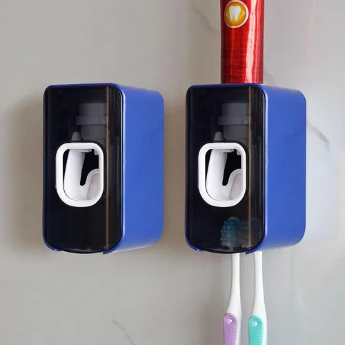Vista 14 de Soporte de plástico para cepillos de dientes de 2 ranuras y dispensador de pasta de dientes montado en la pared, exprimidor automático de pasta