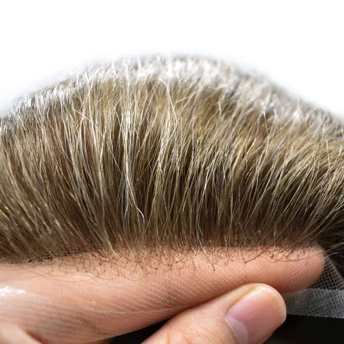 Vista 23 de Toupee para hombres, sistema de reemplazo de cabello humano Remy, nudos blanqueados, encaje frontal, piel fina, para hombre, color gris, pelucas
