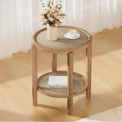 Vista 26 de Eclatara Mesitas de noche de ratán, mesa auxiliar de 2 niveles para dormitorio, mesa auxiliar de polígono decorativa para espacios pequeños, mesa