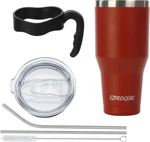 Vista 2 de Ezprogear – Vaso con aislamiento al vacío de doble pared de acero inoxidable, con pajilla y asa Doble pared, acero inoxidable, taza