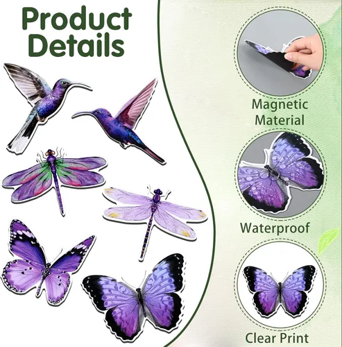 Vista 6 de Konohan 12 imanes de puerta de colibrí, mariposa y libélula de doble cara, protector decorativo flexible retráctil, calcomanías magnéticas