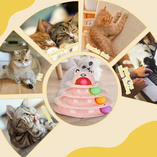 Vista 5 de Gefryco Cat Toys - Pista de rodillos de 4 niveles, juguete de torre giratoria para gatos con pelotas de persecución coloridas, juguetes interactivos