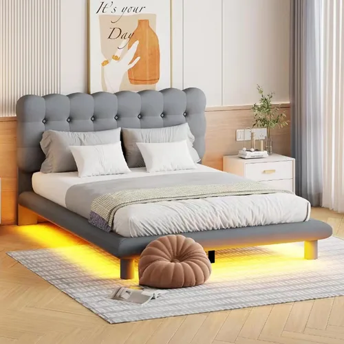 Vista 16 de Cama de plataforma flotante, marco de cama de madera tamaño individual con rayas claras, tela de lino suave y cabecera de diseño capitoné