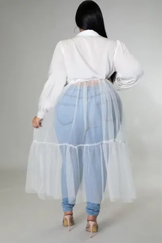 Vista 4 de Ekaliy Blusa tipo túnica casual de talla grande para mujer, blusa de malla transparente, vestido con cinturón, traje de fiesta de club