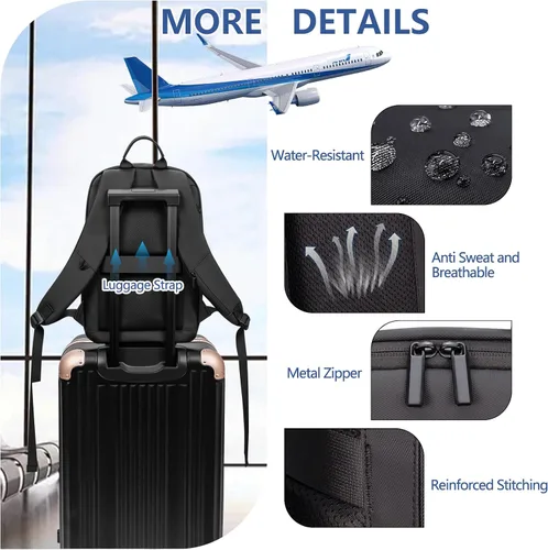 Vista 5 de Mochila de negocios para hombres antirrobo resistente al agua mochila de desplazamiento para portátil de 15.6 pulgadas para el trabajo diario, Negro