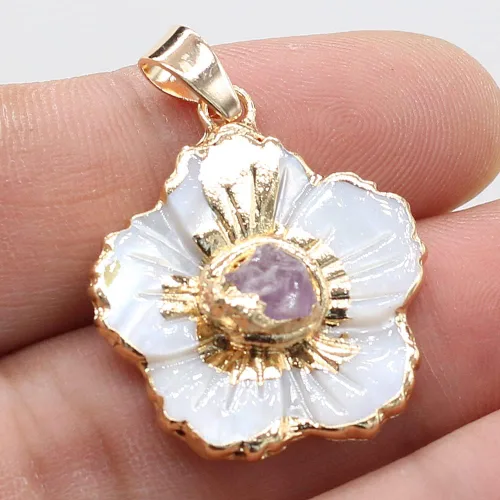 Vista 5 de LHJ Forma de vieira Natural Madre de Perla Shell Pendnats Energy Crystal Stone Setting para hacer joyas 5 piezas