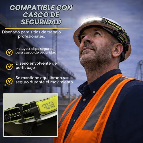 Vista 4 de Liteband PRO - Linterna frontal personal ajustable de haz ancho serie 1000, iluminación de 210°, funciona con pilas, se adapta a cascos y cascos