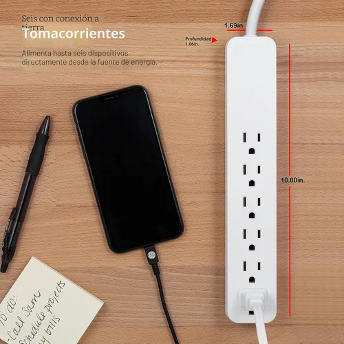 Vista 3 de GE Pro Multicontacto con protector contra sobretensiones de 6 tomas, extensión de 2 pies, 620 julios, regleta de enchufes, enchufe plano